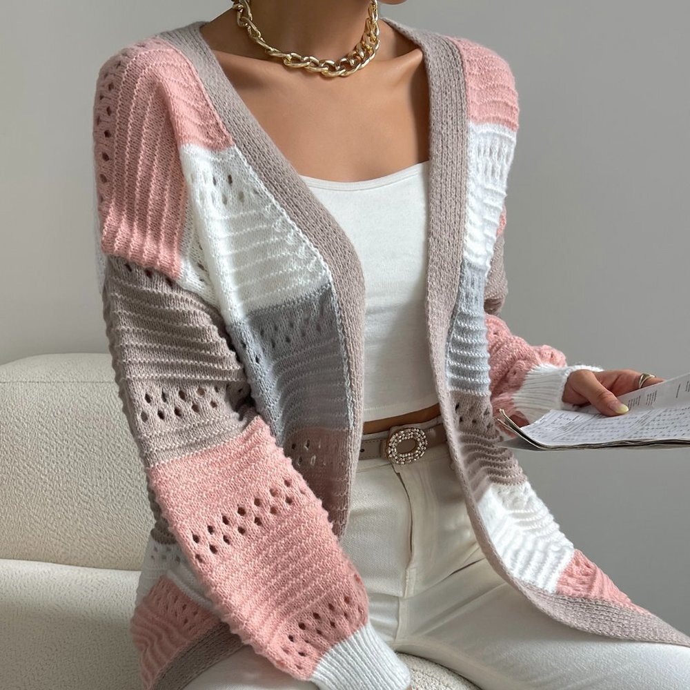 Multicolor Casual Womens Color Block Drop Shoulder Open Front Cardigan - Picture 3 of 5